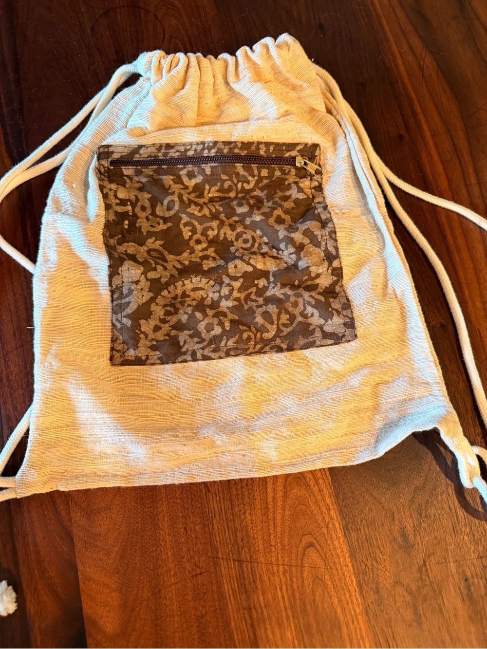 Canvas Drawstring Backpack with Patterned Front Pocket - Cream and Brown